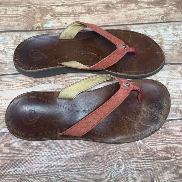 OluKai Pua Brown Red Leather Flat Flip Flop Sandals - Women's Size 8 US / 38 EU - Picture 10 of 10